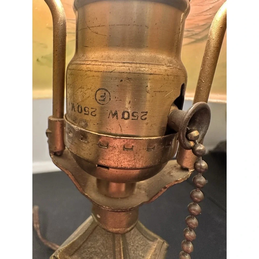 Antique Reverse Painted Table Lamp Brass Scenic Shade‎ Pull Chain 14